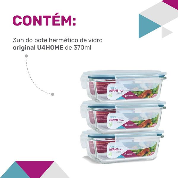 Kit 3 Pote Vidro Hermético Retangular 370ml Papinha Pequeno - U4home Imagem de Kit 3 Pote Vidro Hermético Retangular 370ml Papinha Pequeno
