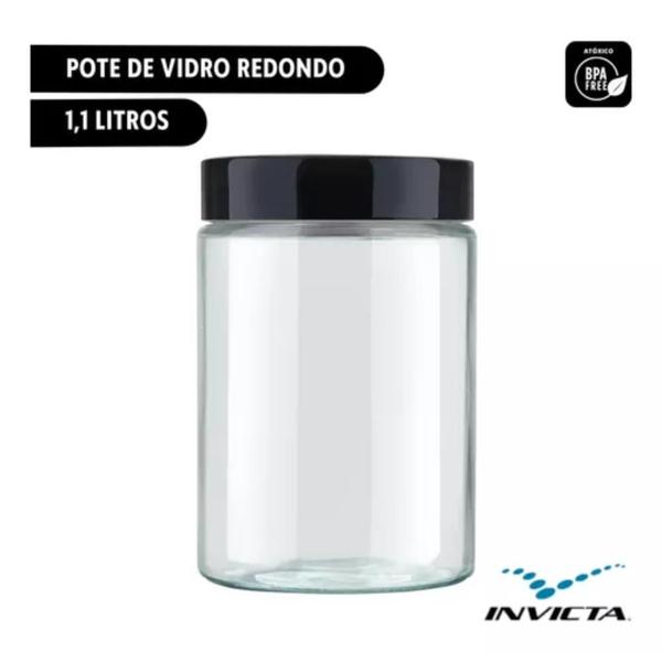 Imagem de Kit 3 Potes 1,1 Litros Recipientes Vidro Liso Invicta Preto