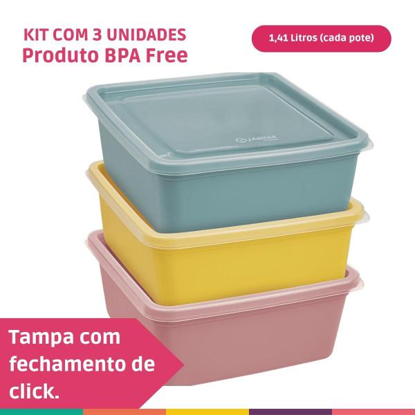 Imagem de Kit 3 Potes 1,41lts Quadrado Multiuso Slim Mix Color Jaguar