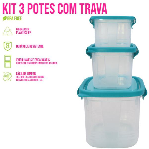 Imagem de Kit 3 Potes 460/850/2200ml C/ Trava P/ Marmita Reutilizável Fitness Microondas/Freezer