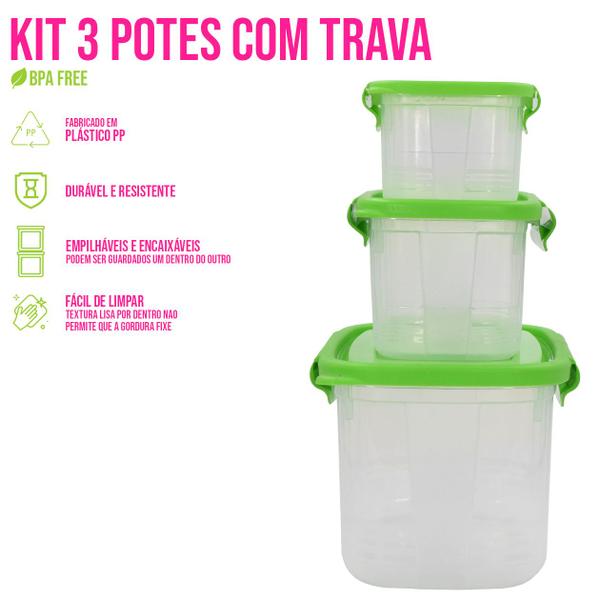 Imagem de Kit 3 Potes 460/850/2200ml C/ Trava P/ Marmita Reutilizável Fitness Microondas/Freezer