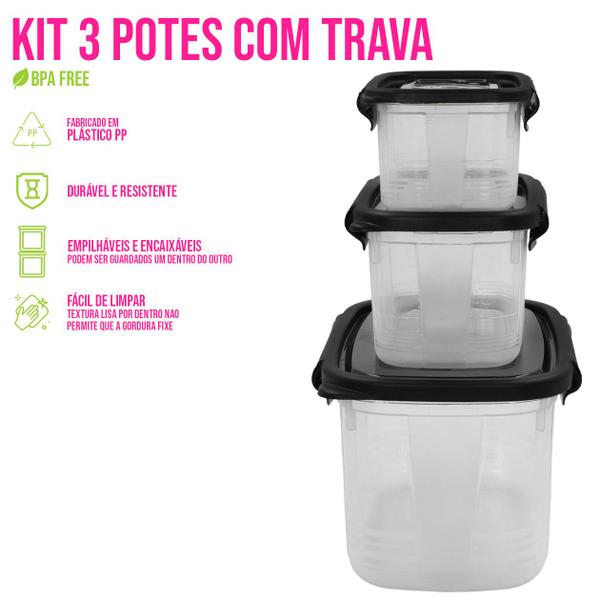 Imagem de Kit 3 Potes 460/850/2200ml C/ Trava P/ Marmita Reutilizável Fitness Microondas/Freezer