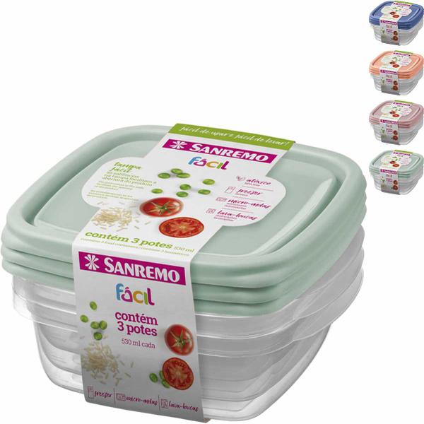 Imagem de Kit 3 Potes 530ml Quadrado Vai ao Microondas Freezer Plástico BPA Free