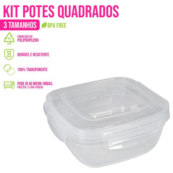 Imagem de Kit 3 Potes C/ Tampa 400/800/1400ml Transparente Geladeira Comida Armazenamento Cozinha Micro-ondas Alimento - Rischioto