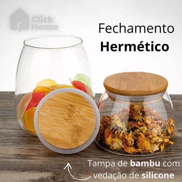 Imagem de Kit 3 Potes De Vidro Borossilicato Redondo Mantimento Tampa Hermético de Bambu