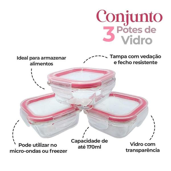 Imagem de Kit 3 Potes De Vidro Com Tampa Hermética 170Ml Quadrado