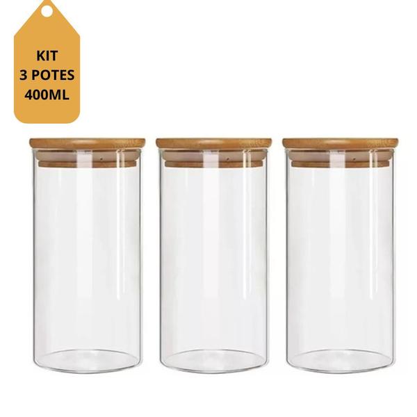 Imagem de Kit 3 Potes De Vidro Hermético 450ml Tampa de Bambu 