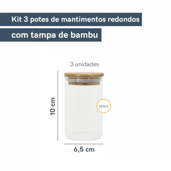 Imagem de Kit 3 Potes de Vidro Hermético C/ Tampa de Bambu 250ml Oikos