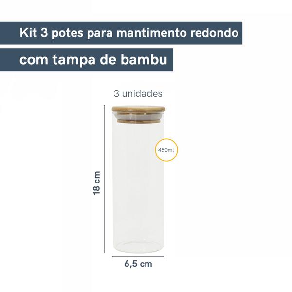 Imagem de Kit 3 Potes de Vidro Hermético C/ Tampa de Bambu 450ml Oikos