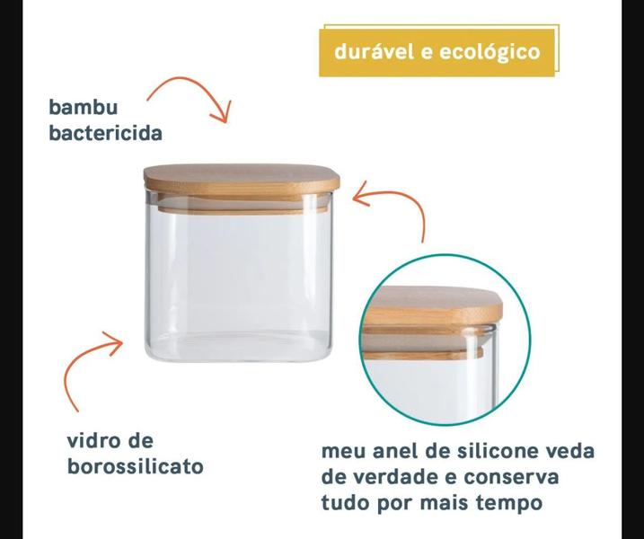 Imagem de Kit 3 Potes de Vidro Quadrado 600ml c/Tampa Flat Bambu Oikos