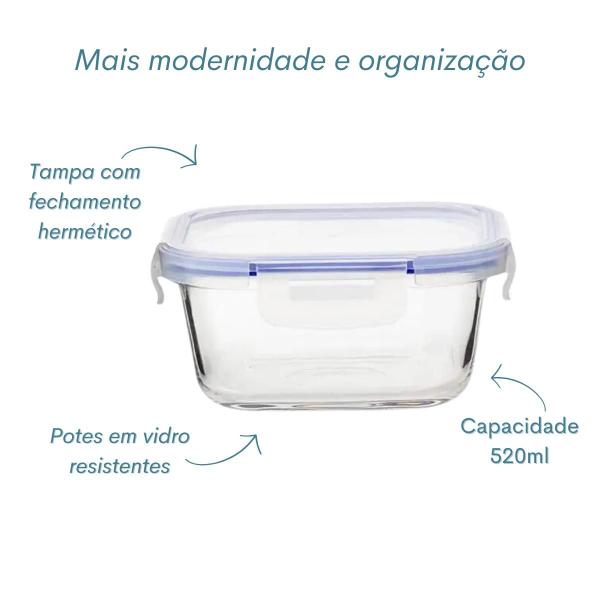 Imagem de Kit 3 Potes De Vidro Quadrado Tampa Hermética Marmita 520ml