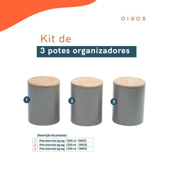 Imagem de Kit 3 Potes Dolomita Com Tampa De Bambu Zig Zag 1,2L - Oikos