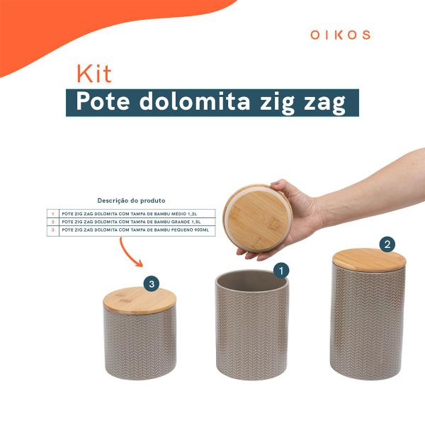 Imagem de Kit 3 potes dolomita com tampa de bambu zig zag 900ml, 1,2l e 1,5l - Oikos