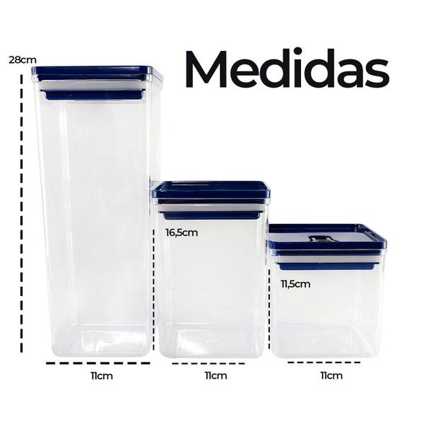 Imagem de Kit 3 Potes Organizadores Herméticos 1L/1,5L/ 2,5L Dubai Unitermi Multiuso Moderno p/ Arroz Feijão Macarrão Doce Bolacha Farinha Café Açúcar Tapioca