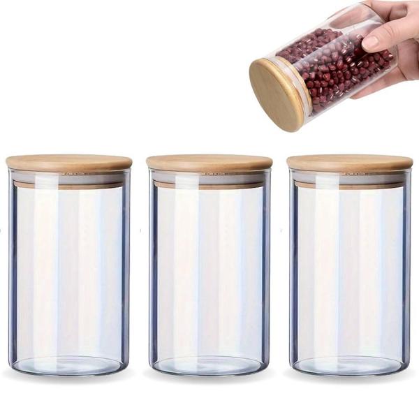 Kit 3 Potes Para Mantimentos De Vidro Com Tampa Bambu 650Ml - Novicasa Imagem de Kit 3 Potes Para Mantimentos De Vidro Com Tampa Bambu 650Ml