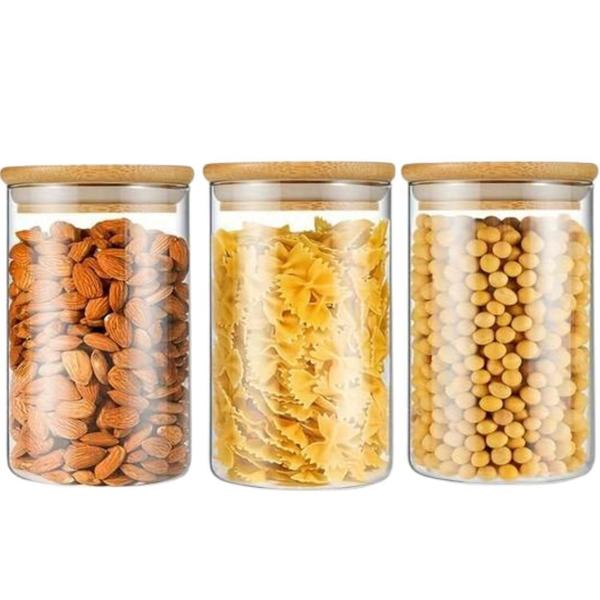 Kit 3 Potes Para Mantimentos De Vidro Com Tampa Bambu 650Ml - Novicasa Imagem de Kit 3 Potes Para Mantimentos De Vidro Com Tampa Bambu 650Ml