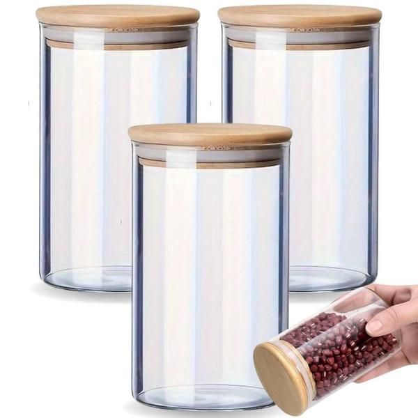 Kit 3 Potes Para Mantimentos De Vidro Com Tampa Bambu 650Ml - Novicasa Imagem de Kit 3 Potes Para Mantimentos De Vidro Com Tampa Bambu 650Ml
