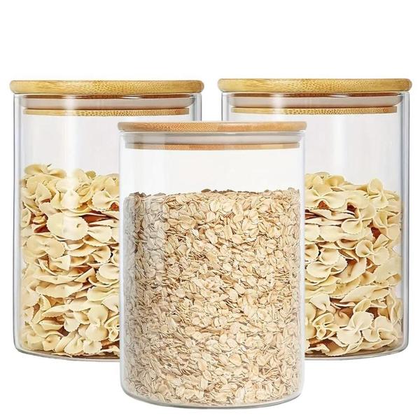 Kit 3 Potes Para Mantimentos De Vidro Com Tampa Bambu 650Ml - Novicasa Imagem de Kit 3 Potes Para Mantimentos De Vidro Com Tampa Bambu 650Ml
