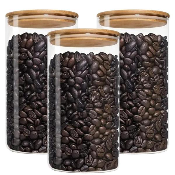 Kit 3 Potes Para Mantimentos De Vidro Com Tampa Bambu 650Ml - Novicasa Imagem de Kit 3 Potes Para Mantimentos De Vidro Com Tampa Bambu 650Ml