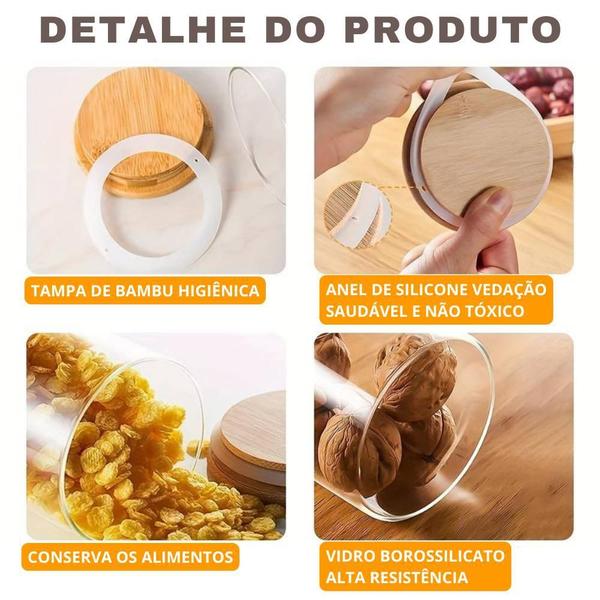Kit 3 Potes Para Mantimentos De Vidro Com Tampa Bambu 650Ml - Novicasa Imagem de Kit 3 Potes Para Mantimentos De Vidro Com Tampa Bambu 650Ml