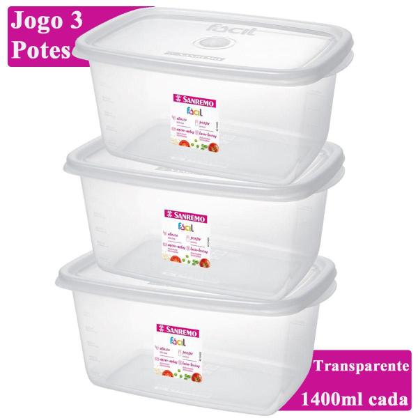 Imagem de Kit 3 Potes Plástico 1400ml Retangular Transparente Sanremo