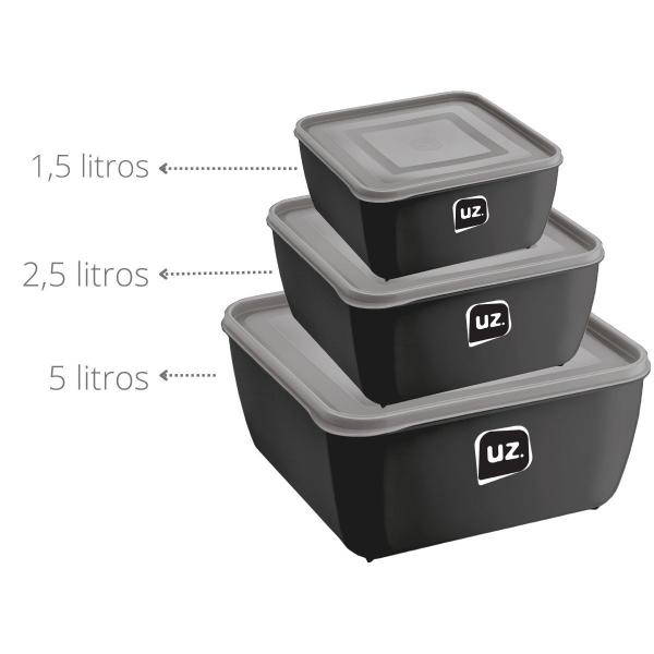 Imagem de kit 3 Potes Plasticos Gourmet c Tampa Preto 1,5 , 2,5 e 5 L