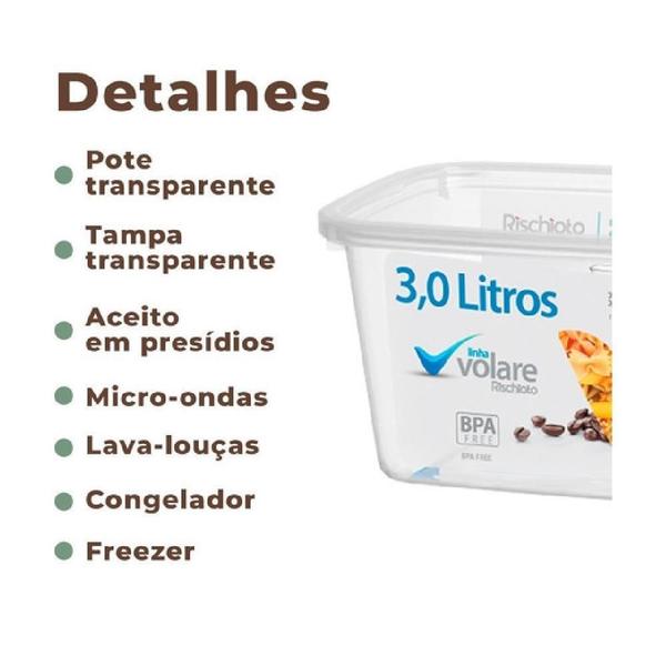 Imagem de Kit 3 Potes Retangular Transparente Com Tampa Volare 3,0 L