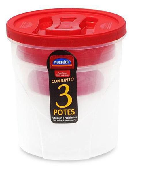 Imagem de Kit 3 Potes Tampa Rosca Mantimento Vasilha Plástica Plasútil - Vermelho - PLASUTIL