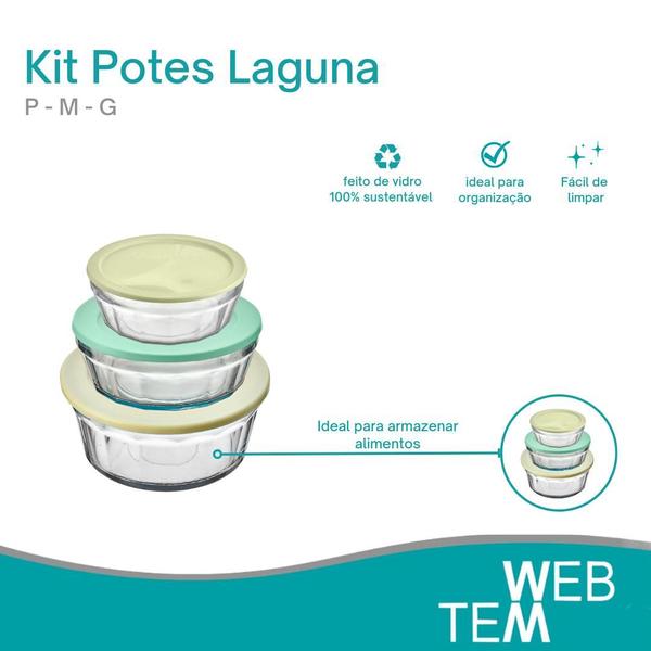 Imagem de Kit 3 Potes Tigela de Vidro com Tampa Plástica Laguna 750ml, 1,5L e 4L Vitazza: Para Servir, Organização de Cozinha e Geladeira, Opção Sustentável