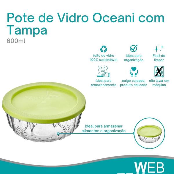 Imagem de Kit 3 Potes Tigela Saladeira de Vidro com Tampa Plástica Oceani 600ml Vitazza: Para Servir e Organização de Cozinha e Geladeira Opção Sustentável