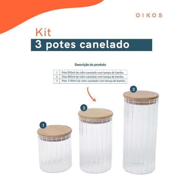 Imagem de Kit 3 potes vidro herméticos para mantimentos canelado com tampa de bambu - Oikos