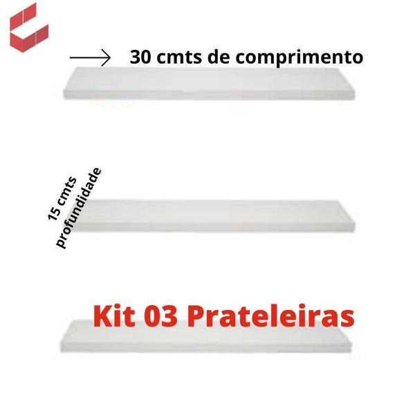 Imagem de Kit 3 Prateleiras Branco Mdf- 30 Cm Com Suporte Decoração