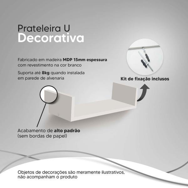 Imagem de Kit 3 Prateleiras Nichos em U 60x15cm MDF Branco com Suporte Flutuante Invisível