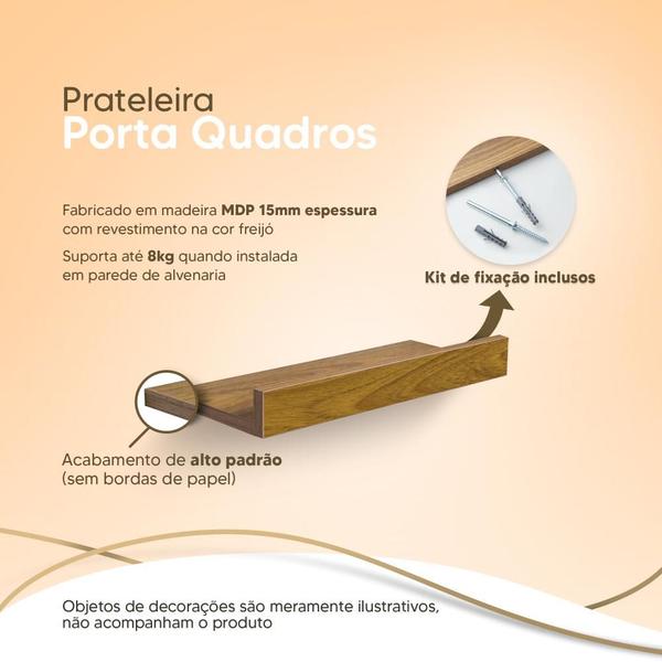 Kit 3 Prateleiras Porta Quadros 100 x 15cm Freijó Suporte Invisível - Mercado das Prateleiras Imagem de Kit 3 Prateleiras Porta Quadros 100 x 15cm Freijó Suporte Invisível