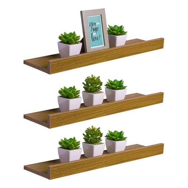 Kit 3 Prateleiras Porta Quadros 100 x 15cm Freijó Suporte Invisível - Mercado das Prateleiras Imagem de Kit 3 Prateleiras Porta Quadros 100 x 15cm Freijó Suporte Invisível
