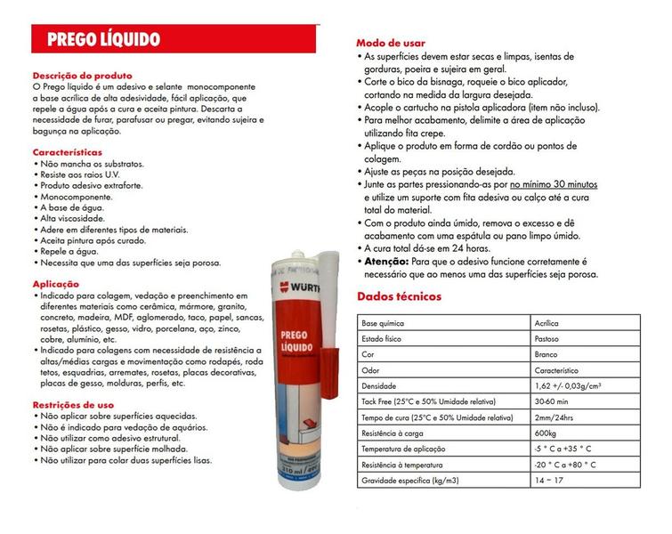 Kit 3 prego liquido wurth adesivo cola para roda pé polietileno/madeira/mdf a melhor - Würth Imagem de Kit 3 prego liquido wurth adesivo cola para roda pé polietileno/madeira/mdf a melhor