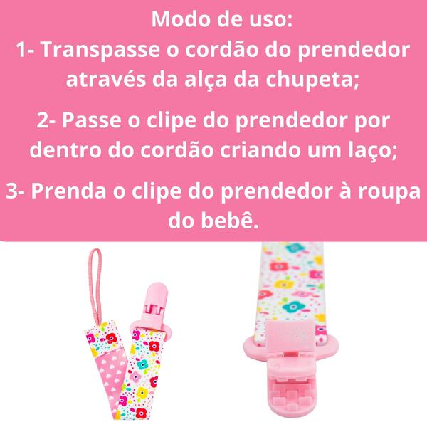 Imagem de Kit 3 Prendedor de Chupeta Pietra BabyKit 3 Prendedores de Chupetas Estampado Pietra Baby Menimo Menina Infantil Corrente Cordão Bebê Criança