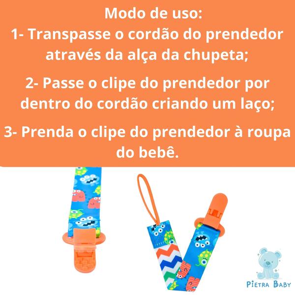 Imagem de Kit 3 Prendedor de Chupeta Pietra BabyKit 3 Prendedores de Chupetas Estampado Pietra Baby Menimo Menina Infantil Corrente Cordão Bebê Criança