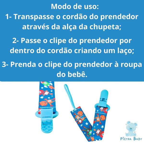 Imagem de Kit 3 Prendedor de Chupeta Pietra BabyKit 3 Prendedores de Chupetas Estampado Pietra Baby Menimo Menina Infantil Corrente Cordão Bebê Criança