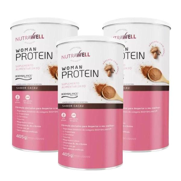 Imagem de Kit 3 Proteína Colágeno Woman Protein Nutrawell Cacau 405G