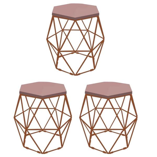 Imagem de Kit 3 Puff Banqueta Luna Decorativo Sala Quarto Ferro Bronze Assento MDF Rosa - Ahazzo Móveis