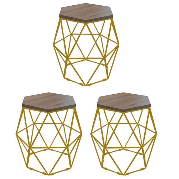 Imagem de Kit 3 Puff Banqueta Luna Decorativo Sala Quarto Ferro Dourado Assento MDF Caramelo - Ahazzo Móveis