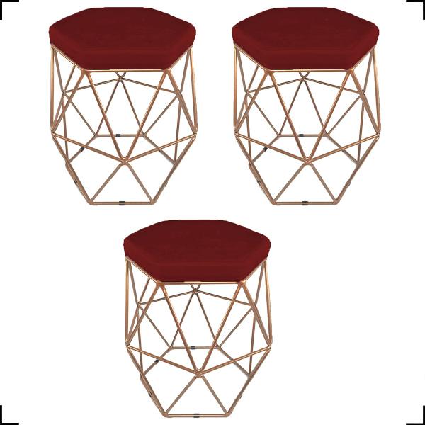 Imagem de Kit 3 Puff Decorativos Aramado Hexagonal Suede Cores Pé Aramado Bronze/Dourado/Preto - Clique E Decore