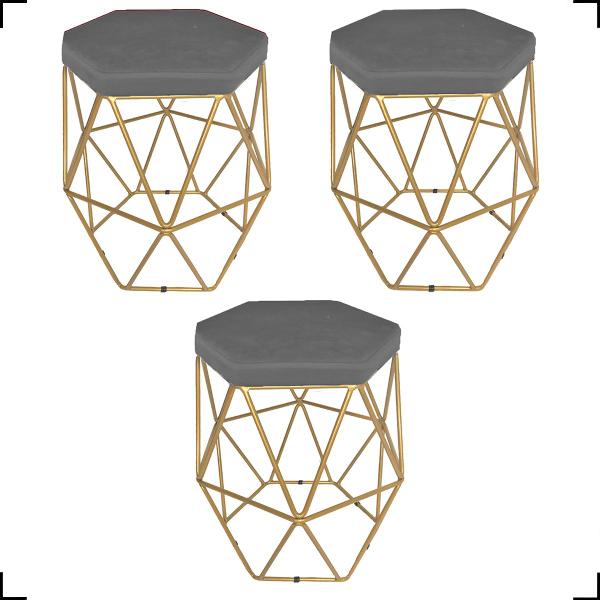 Imagem de Kit 3 Puff Decorativos Aramado Hexagonal Suede Cores Pé Aramado Bronze/Dourado/Preto - Clique E Decore