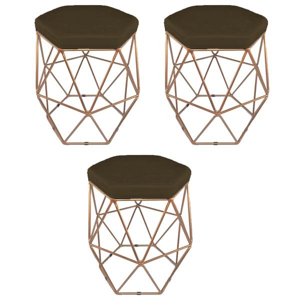 Imagem de Kit 3 puff decorativos para sala hexagonal aramado base bronze suede marrom - cique e decore