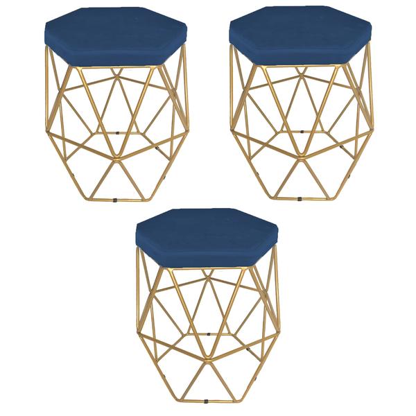 Imagem de Kit 3 puff decorativos para sala hexagonal aramado base dourada suede azul marinho - clique e decore