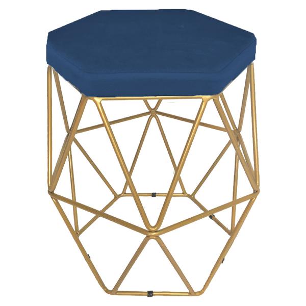 Imagem de Kit 3 puff decorativos para sala hexagonal aramado base dourada suede azul marinho - clique e decore