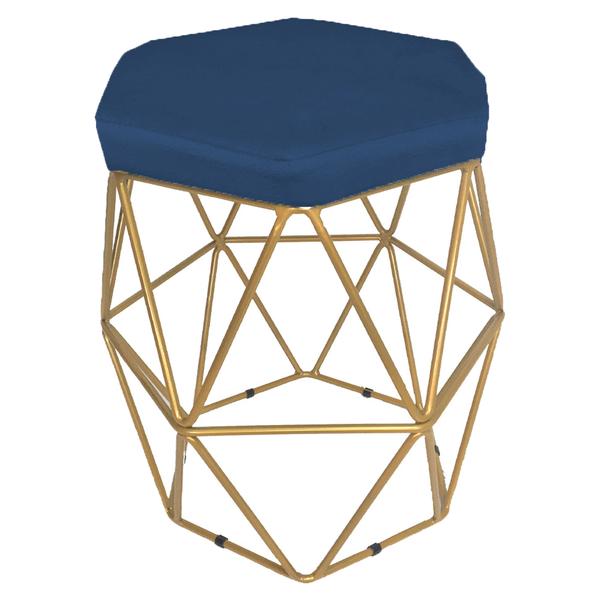 Imagem de Kit 3 puff decorativos para sala hexagonal aramado base dourada suede azul marinho - clique e decore