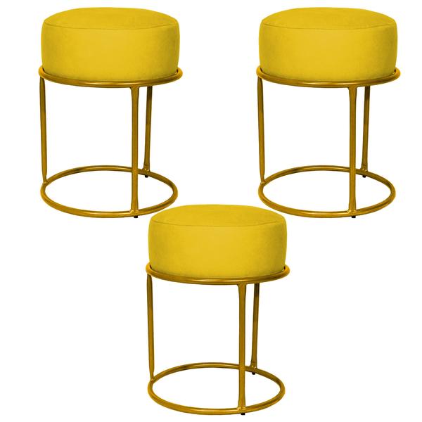 Imagem de Kit 3 puff decorativos para sala luxe base dourada suede amarelo - clique e decore