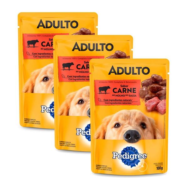 Imagem de Kit 3 Ração para Cães Pedigree Adulto Sachê Sabor Carne ao Molho 100g